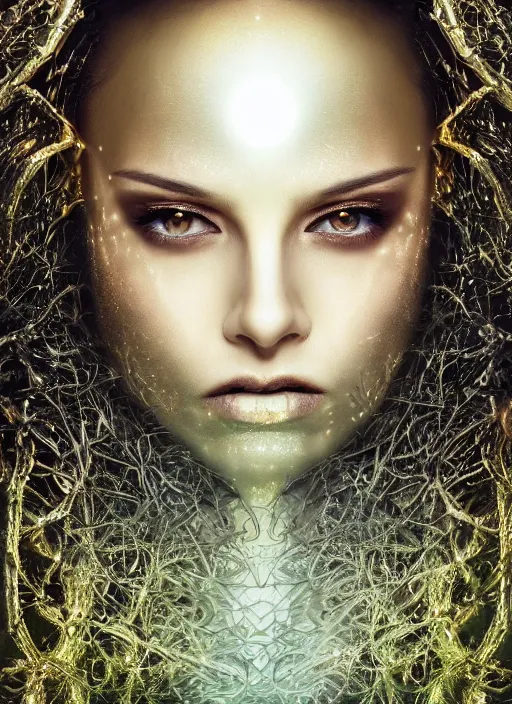 Prompt: glowing silver and golden elements, full close-up portrait, female portrait model from shutterstock as a dark evil looking witch, book cover, green forest, white moon, red lips, establishing shot, extremly high detail, photo-realistic, cinematic lighting, pen and ink, intricate line drawings, by Yoshitaka Amano, Ruan Jia, Kentaro Miura, Artgerm, post processed, concept art, artstation, matte painting, style by eddie, raphael lacoste, alex ross