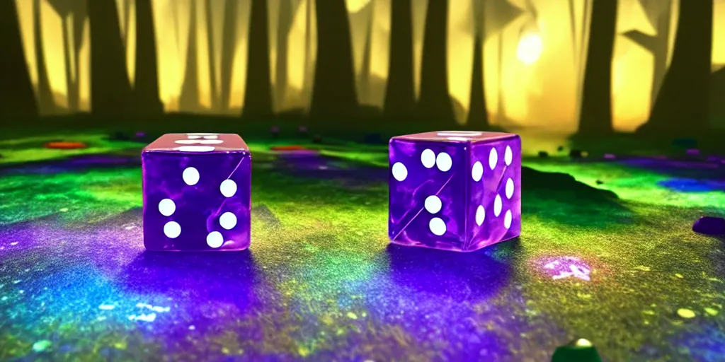 Prompt: giant magical 3 d d 6 casino dice cube amethyst, glowing, energy radiating, fantasy forest in the background, 4 k detailed, by shaddy safadi and cam sykes and james paick