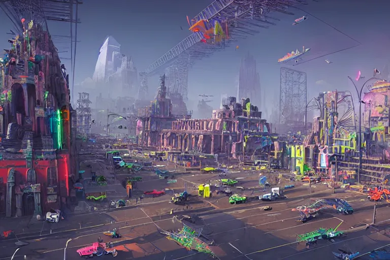 Image similar to hyperrealistic matte painting of aztec temples in a future environment with flying cars, mechanical features and neon, graffiti, scaffolding, smog, destruction by filip hodas, beeple, 4 k, trending on cgsociety