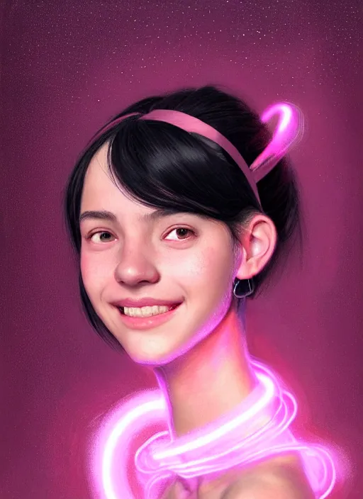 Image similar to portrait of teenage girl, narrow face, black hair, bangs, half updo hairstyle, skinny, smile, unattractive, defined jawline, big chin, wearing pink hair bow, earrings, intricate, elegant, glowing lights, highly detailed, digital painting, artstation, sharp focus, illustration, art by wlop, mars ravelo and greg rutkowski