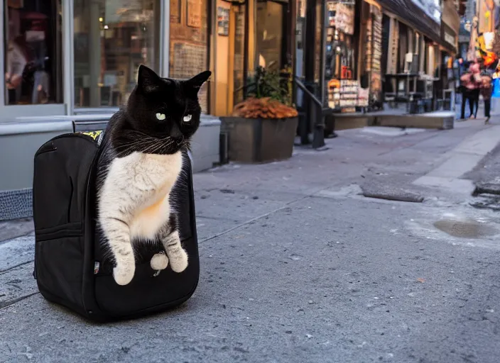 Image similar to photography of a Cat being carried in an half open backpack . in a new york street. award winning photo, led lighting, night, 130mm, sharp, high res