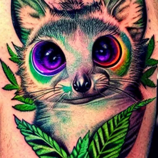 Prompt: shoulder tattoo of a multicolored trippy furry cute bushbaby, eyes are colorful spirals, surrounded with colorful marihuana leaves, insanely integrate