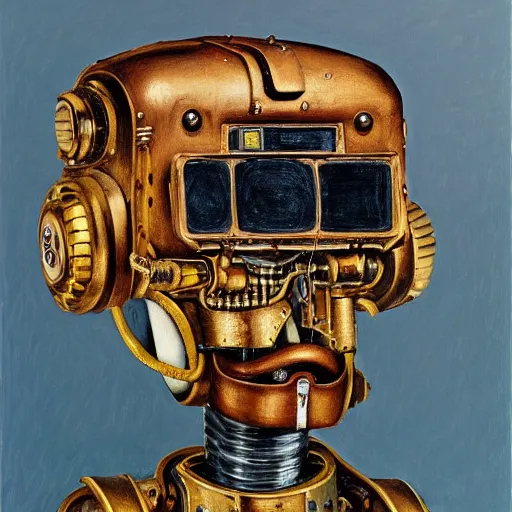 Image similar to high quality high detail painting by lucian freud, hd, portrait of scifi robot, steampunk