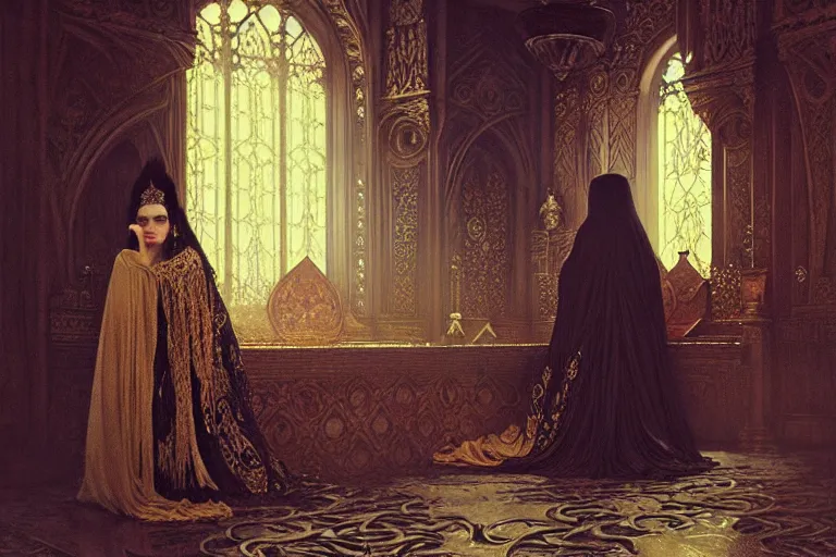 Image similar to intricate, elegant, dramatic, medieval queen mourning, throne room background, tears, sad mood by artem demura and alphonse mucha