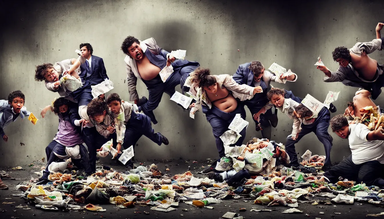 Image similar to disheveled children in rags and obese men in suits fighting in a squalid subway over piles half eaten fast food and money, hyper realistic photo, full colour, upscale, 8 k, masterpiece,