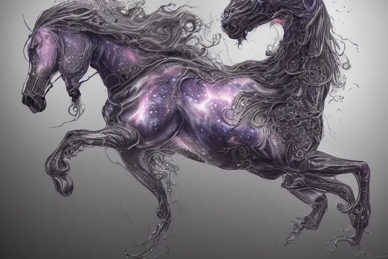 Image similar to a wlop 3 d render of very very very very highly detailed beautiful mystic portrait of a phantom undead horse with whirling galaxy around, tattoos by anton pieck, intricate, extremely detailed, digital painting, artstation, concept art, smooth, sharp focus, illustration, intimidating lighting, incredible art,