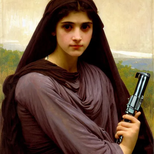 Prompt: a realistic face portrait of a teenage girl who looks like Uma Thurmond and Winona Ryder with an anxious expression and slightly open mouth, wearing ragged Jedi robes and holding a lightsaber, by William-Adolphe Bouguereau, John William Waterhouse, Frederic Leighton, Alphonse Mucha, Edward Burne Jones