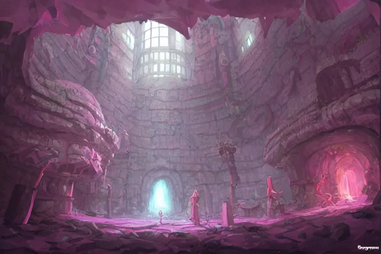 Image similar to point perspective dungeon pink chasm fantasy dungeon You step into the shaggy room. The walls and floor are made out of plasma that kinda smells like portals. A disproportionate pack of eelfolks guards the room. The room also contains a rotund robe.,by artgerm and Craig Mullins, James Jean, Andrey Ryabovichev, Mark Simonetti and Peter Morbacher 16k