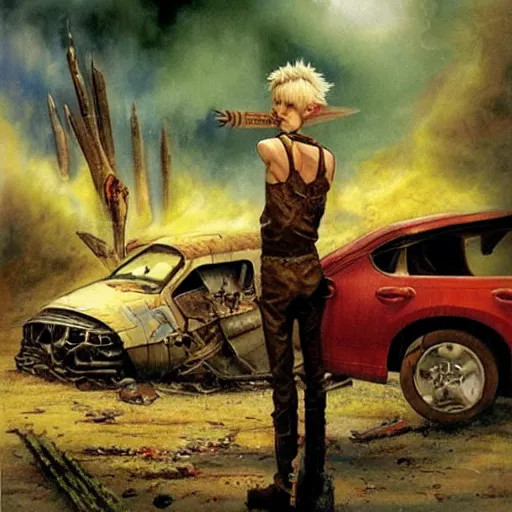 Image similar to a skinny elf with spiky blonde hair wearing dark brown overalls and holding dynamite standing next to a destroyed car, painting by Jim Burns