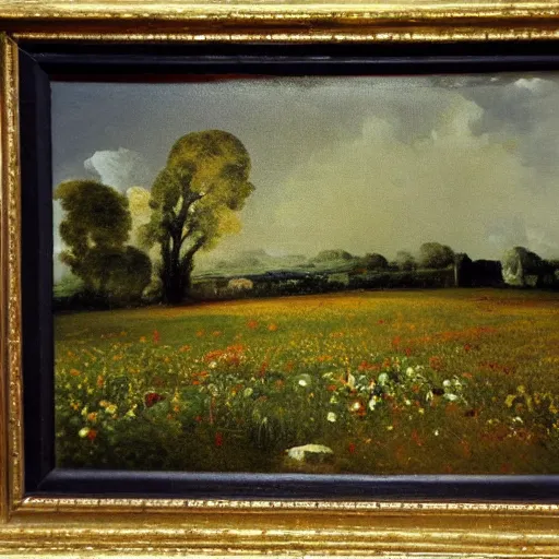 Prompt: oil painting of flowers on meadow, bright romanticism by goya