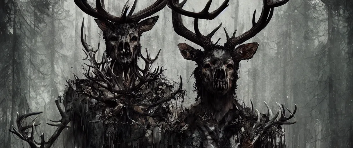 Image similar to portrait of leshen with deer skull and antlers from witcher 3 by emil melmoth zdzislaw beksinki craig mullins yoji shinkawa realistic render ominous detailed photo atmospheric by jeremy mann francis bacon and agnes cecile ink drips paint smears digital glitches glitchart