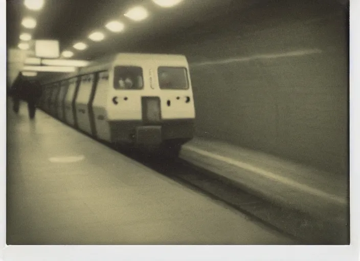 Image similar to ominous polaroid photo of scary monster in style of trevor henderson inside toronto subway