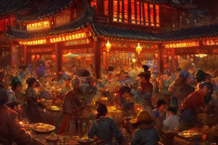 Prompt: fantasy art of a bustling tavern in china, at night, by justin gerard, highly detailed digital art, trending on artstation