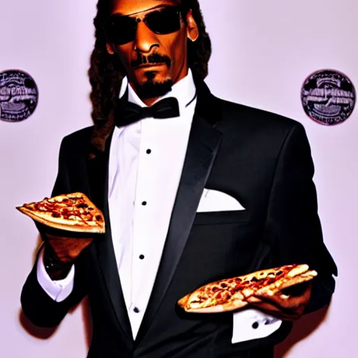 Prompt: photograph of snoop dogg in a white tuxedo eating pizza