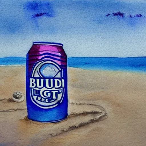 Image similar to can of bud light sittin in the sand on the beach, detailed, watercolor, sunset