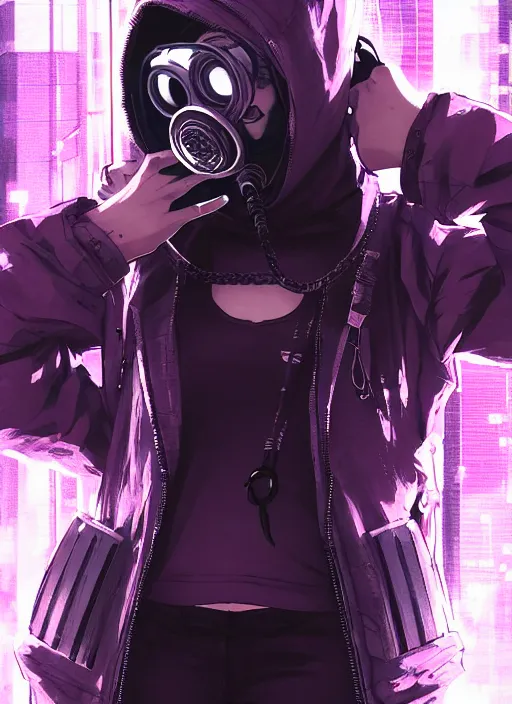 Image similar to cyberpunk anime girl in hoodie, cyberpunk gas mask, 3 / 4 shot, street night, grafity, beautiful face, grafity, arcane, action, tokyo street, detail, good face, pose model, concept art, in style of yoji shinkawa, pan ren wei, col price, atey ghailan, by greg rutkowski, aesthetic