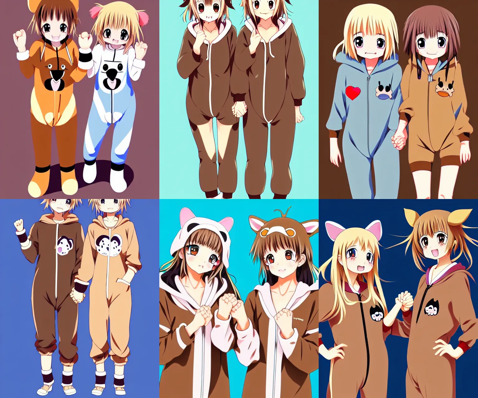 Prompt: one blonde, one brown haired excited and happy anime girls in animal themed onesies holding hands looking at us, anime illustrated, digital art, cute, detailed faces, well drawn faces, cute faces, hand drawn, in the style of hidehiko sakamura