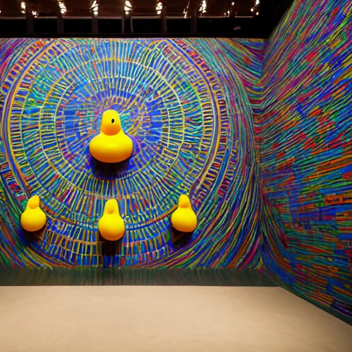 Image similar to wide shot, one photorealistic rubber duck in foreground on a pedestal in an cavernous museum gallery, metropolitan museum of art, the walls are covered with colorful geometric wall paintings in the style of sol lewitt, tall arched stone doorways, through the doorways are more wall paintings in the style of sol lewitt.