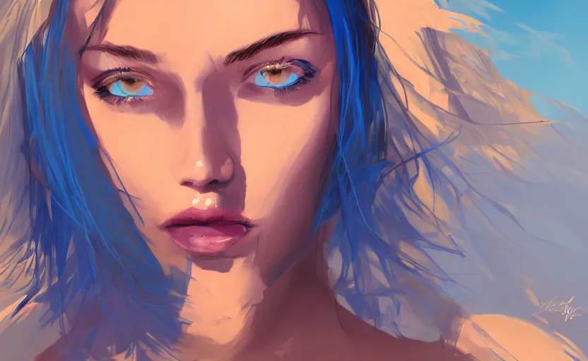 Image similar to A portrait of a beautiful woman in desert, blue color scheme, SFW, trending on artstation, cgsociety