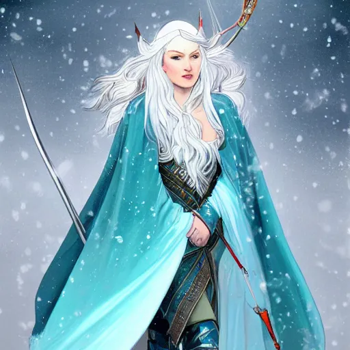 Prompt: half length portrait of a handsome snow elf in a turquoise cape and silver armour, armed with bow and arrow, albino skin, winter vibes, elegant, very coherent symmetrical artwork, rule of thirds, by ralph hosley and alphonse mucha and charlie bowater, sharp focus, trending on artstation