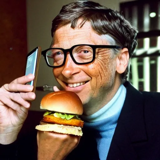 Prompt: bill gates eating a burger while holding a windows phone circa 1 9 9 0