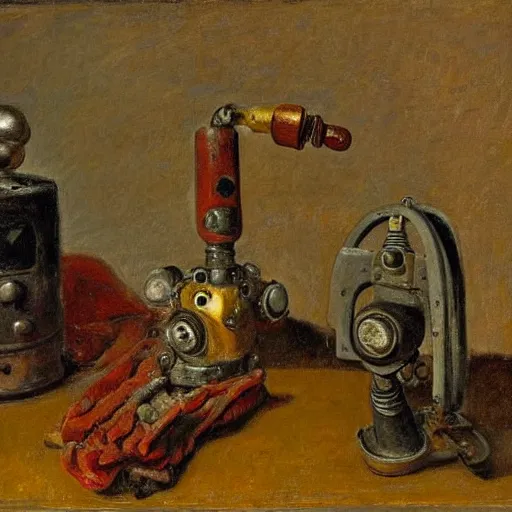 Prompt: A still life of a rusty robot, Pieter Claesz, William James Glackens, (chains), ((gears)), helmet, Iron man