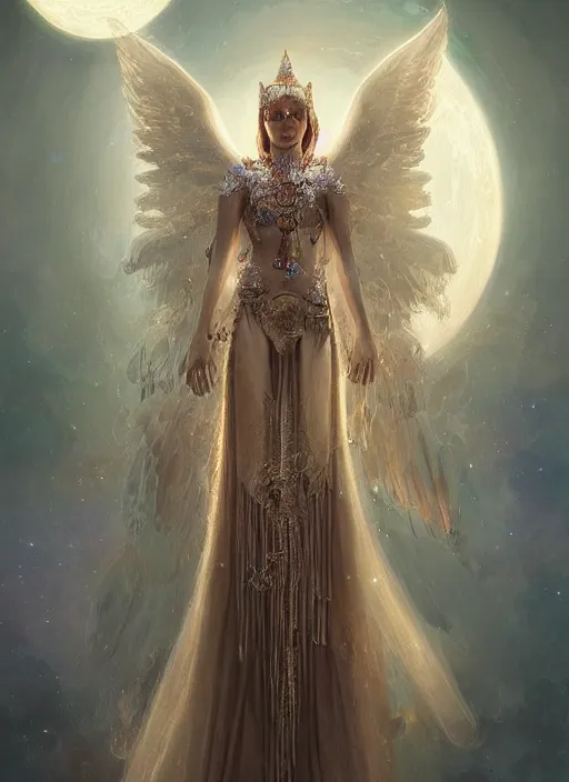 Image similar to A beautiful digital painting of a female Seraphim full of jewels, princess, the moon behind her, intricate, cinematic lighting, highly detailed, digital painting, Artstation, concept art, smooth, sharp focus, illustration, art by Tom Bagshaw, Artgerm and Greg Rutkowski