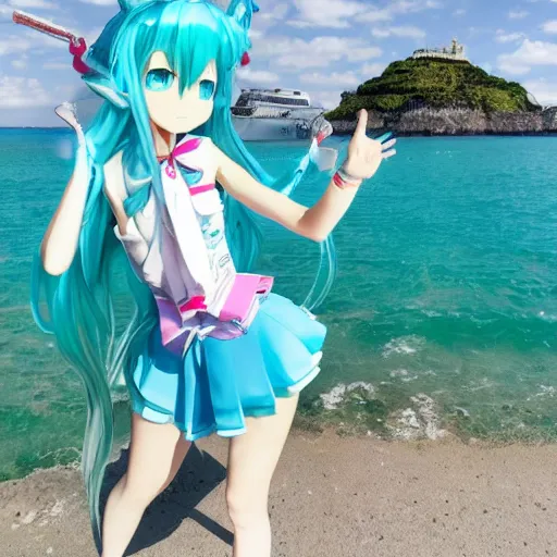 Prompt: hatsune miku meets the rothschild at a secret island, conspiracy, real photography