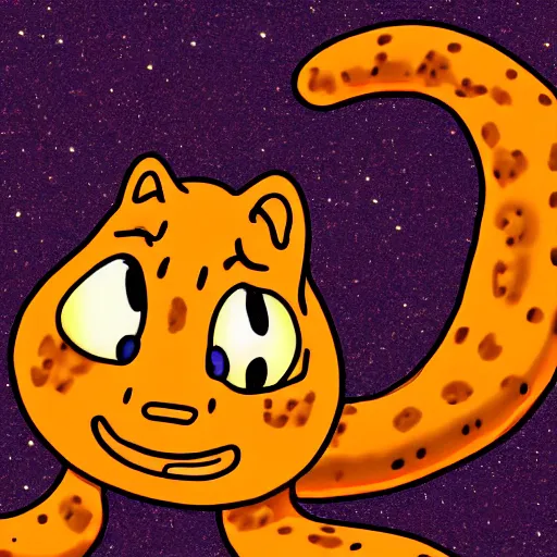 Image similar to Garfield's head on the body of a orange snake with a glittering body, anime style