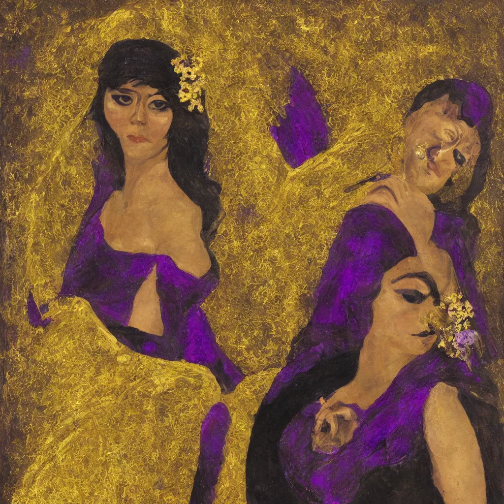 Prompt: portrait of woman with gold and purple wings