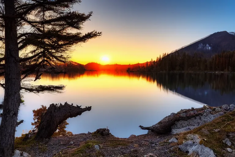 Image similar to landscape of mountains with lake and a dead tree in the foreground , sunset