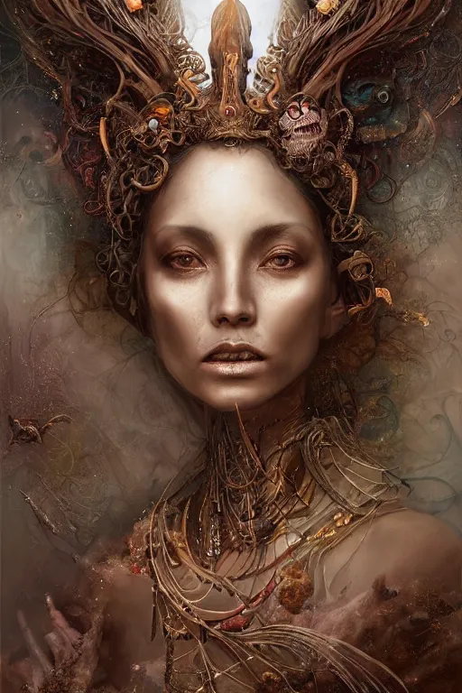 Image similar to alluring detailed cgi matte painting tanned female empress of the life and fertility, by ellen jewett, tomasz alen kopera and justin gerard | symmetrical, vivacious, realism, grunge, intricate, ornate, royally decorated, skull, skeleton, whirling smoke, glowing particles, colorful adornments, colorful torn fabric, radiant colors