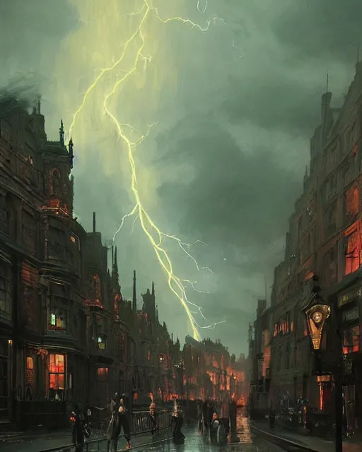 Image similar to a highly detailed epic cinematic concept art CG render digital painting artwork: Victorian London, lightning storm. By Greg Rutkowski, in the style of Francis Bacon and Syd Mead and Norman Rockwell and Beksinski, open ceiling, highly detailed, painted by Francis Bacon and Edward Hopper, painted by James Gilleard, surrealism, airbrush, Ilya Kuvshinov, WLOP, Stanley Artgerm, very coherent, triadic color scheme, art by Takato Yamamoto and James Jean