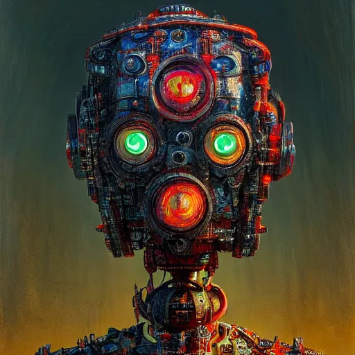 Image similar to low angle shot of A Robot With its head missing, gushing out oil from the hole, walking towards the viewer, neon color scheme, by Clive Barker , intricate, elegant, highly detailed, centered, digital painting, artstation, concept art, smooth, sharp focus, illustration, artgerm, Tomasz Alen Kopera, Peter Mohrbacher donato giancola, Joseph Christian Leyendecker, WLOP, Boris Vallejo.