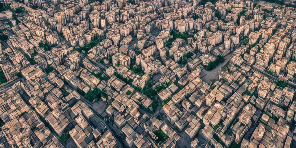 Image similar to street shot of a flying city, phalanster, comune houses, telephoto, anamorphic cinematography, volumetric lighting