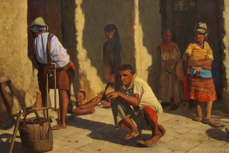 Image similar to Casimiroid native binding tools, genre painting (everyday life by portraying ordinary people), morning light, Archaic cuba, artstation, oil on canvas, by Albert Aublet, Private Collection