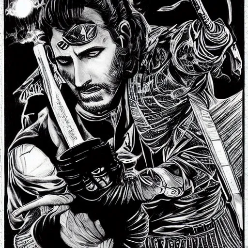 Prompt: pen and ink!!!! attractive 22 year old cyborg Frank Zappa x Ryan Gosling golden Vagabond!!!! magic swordsman glides through a beautiful battlefield magic the gathering dramatic esoteric!!!!!! pen and ink!!!!! illustrated in high detail!!!!!!!! by Hiroya Oku!!!!!!!!! Written by Wes Anderson graphic novel published on shonen jump MTG!!! 2049 award winning!!!!