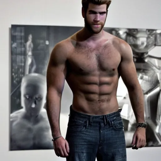 Image similar to a realistic detailed photo of a guy who is an attractive humanoid who is half robot and half humanoid, who is a male android, actor liam hemsworth, shiny skin, posing like a statue, blank stare, in a living room, on display, showing off his muscles