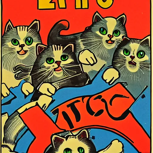 Prompt: riot of communist cats drawn as communist propaganda