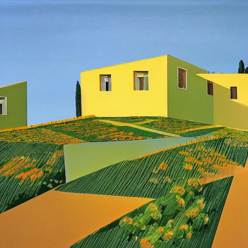 Image similar to solarpunk dreaming a toscana landscape with curious modern houses, painted by Alex Katz, highly detailed