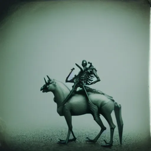 Image similar to frog horseman riding a translucent unicorn skeleton in a thick fog, polaroid photography in style of andrey tarkovski, ominous, mystical, sublime