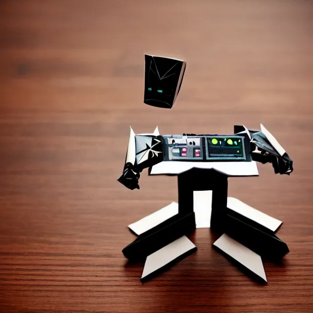 Image similar to a photograph of an origami of a cool robot playing a roland synthesizer on top of a wooden table