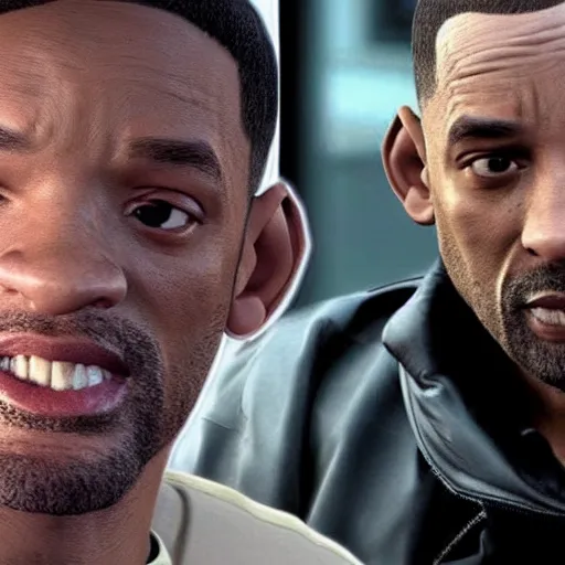 Image similar to film still of will smith dressed like niko bellic (character from Grand Theft Auto IV), photorealistic