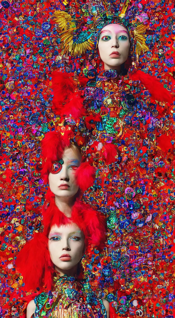 Prompt: a female character design wearing psychedelic high fashion, a red sequined bodysuit, beads hanging over her face like an alexander mcqueen headdress, costume by eiko ishioka, haute couture, dior, and a red cape by moebius, steven outram, colorful and psychedelic, hd, 8 k, artstation, high quality, ultra detailed