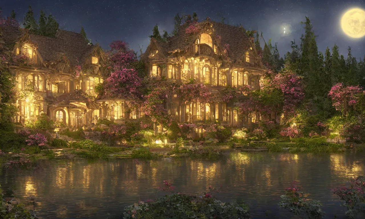 Prompt: a stunning beautiful renaissance - style lake house in the moonlit nightscape, house by the reflective lake in the evening, dreamy, lamps and flowers, beautiful garden, highly detailed, perfect landscape, artstation, 4 k