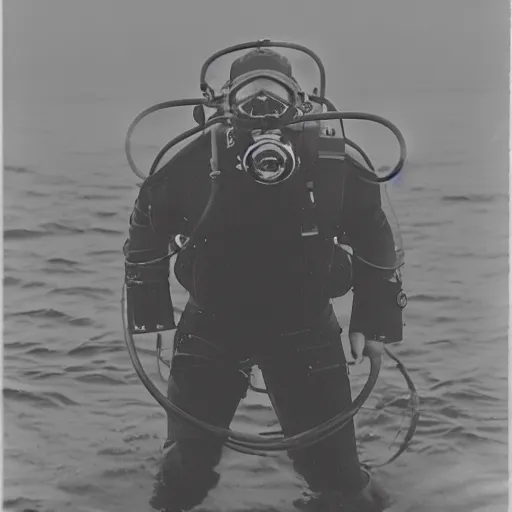 Image similar to ghost scuba diver wearing copper four light, twelve bolt diving helmet, heavy diving gear, emerging from the ocean at night in the style of ghost of captain cutler