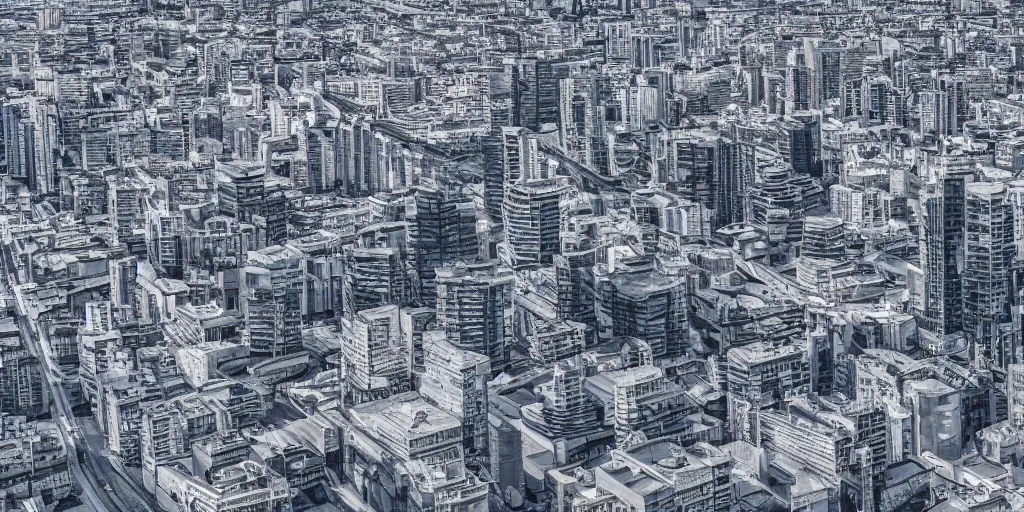 Image similar to drone view of a city with a large road through, Brutalist architecture,sharp focus,telephoto lens,3D digital art 4k