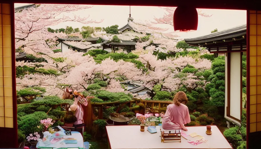 Image similar to 1 9 9 0 s candid 3 5 mm photo of a beautiful day in the a dreamy flowery japanese cottage, cinematic lighting, cinematic look, golden hour, a desk for flower arrangements has sun shinning on it through a window, temple and cherry blossoms in the distance, photographed by petra collins, magical details and glowing lights, uhd