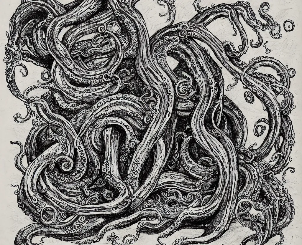 Image similar to a drawing of a large book with evil tentacles escaping from it, in the style of edward gorey