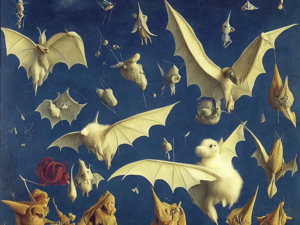 Image similar to beautiful exotic white fluffy bat, long antennae, giant ears. Night, fireflies. Painting by Jan van Eyck, Audubon, Rene Magritte, Agnes Pelton, Max Ernst, Walton Ford